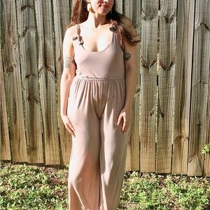 POL Tan Jumpsuit with Ruffled Cap Sleeves and Wide-Leg Pants